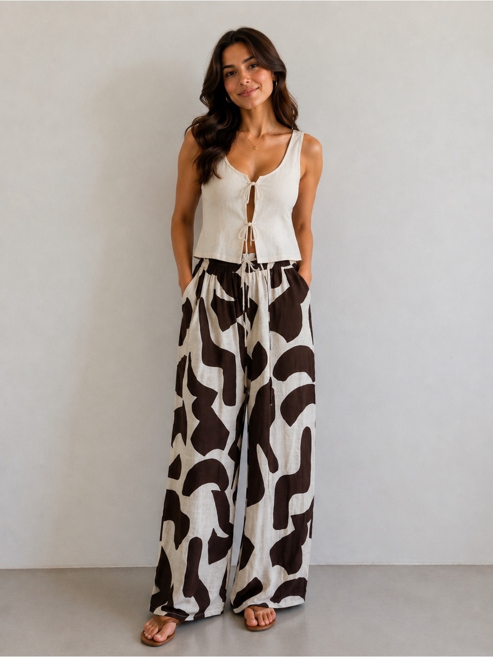 Paper Heart Black & White Abstract Print Wide-Leg Linen-Blend Pants